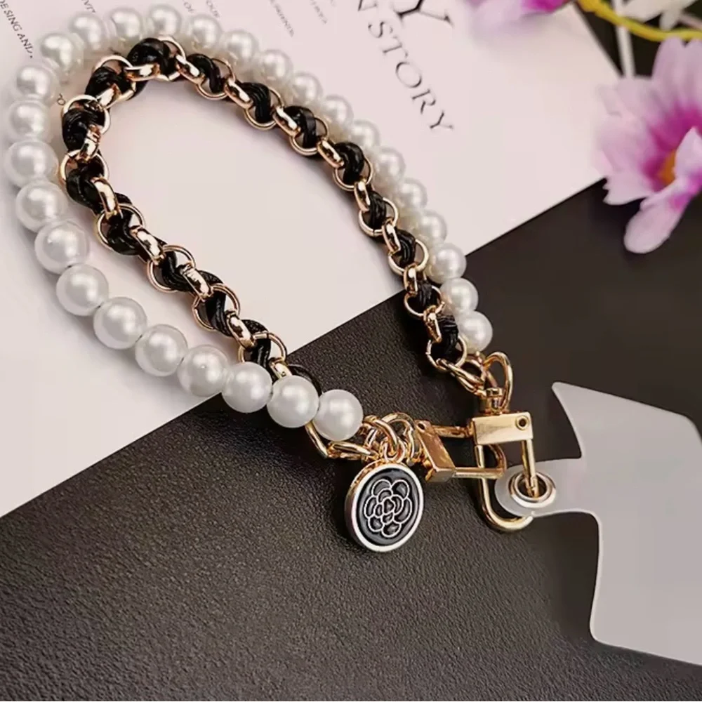 Elegant Pearl‎ and Black Phone Chain Lanyard Bracelet